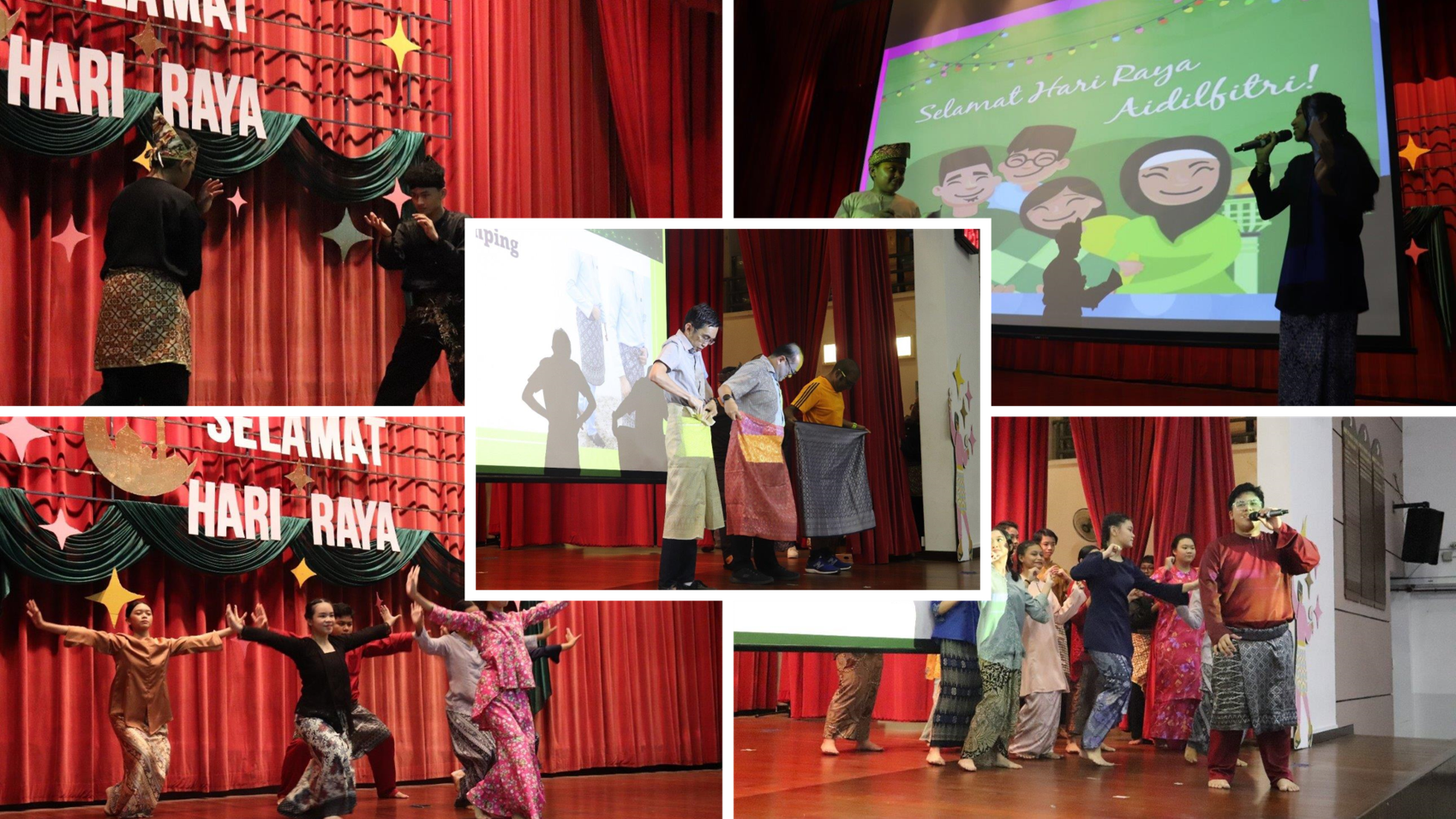 Collage of Hari Raya stage show with dancers, skit, and singers before red curtains and festive banner.